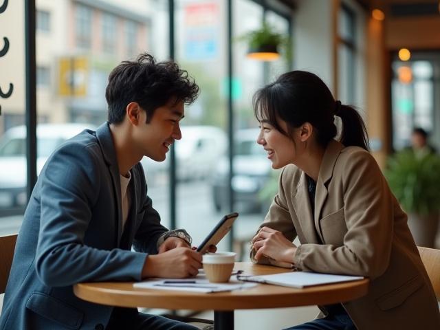 東京のカフェで海洋保全について話し合う二人の若い日本人海洋生物学者