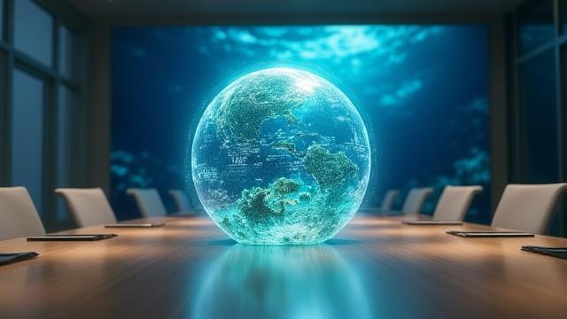 Global business meeting with a stylized ocean graphic, symbolizing sustainable practices