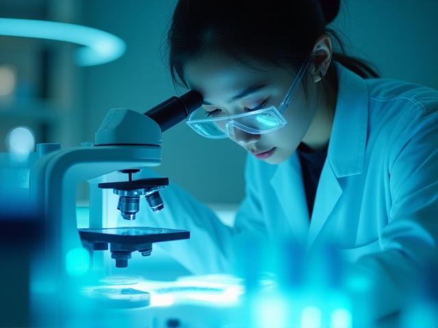 若い科学者が海洋研究所で顕微鏡と高度な機器を使用している様子