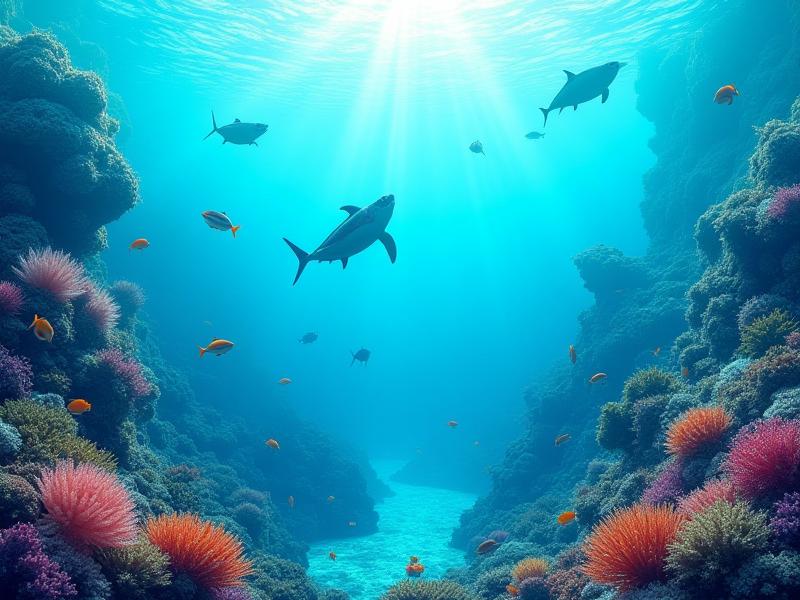 黒潮の生態系を描いた鮮やかなイラスト。様々な海洋生物が暖かく流れる海流の中にいる様子。