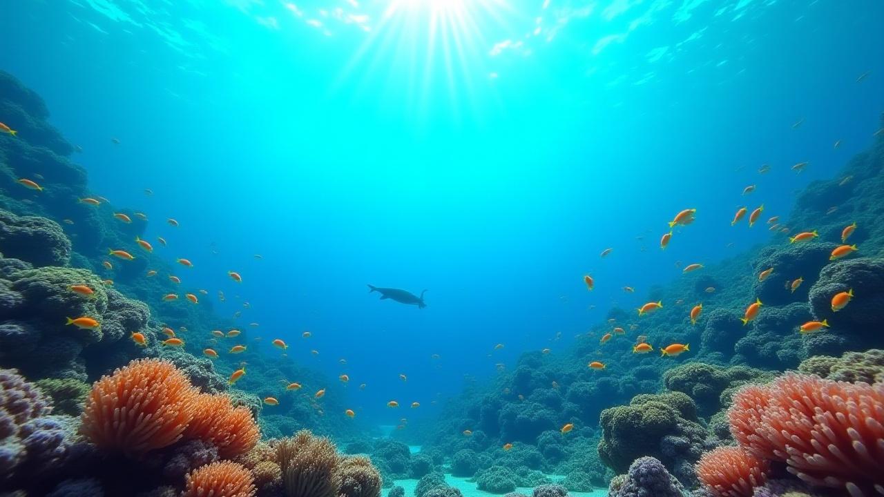 Stunning underwater scene with diverse marine life, vibrant coral reefs, and schools of fish