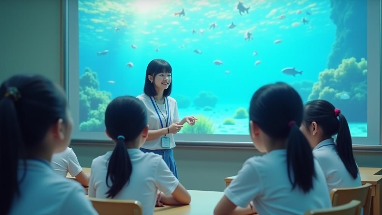 Students in a classroom engaging with a virtual field trip on a large screen